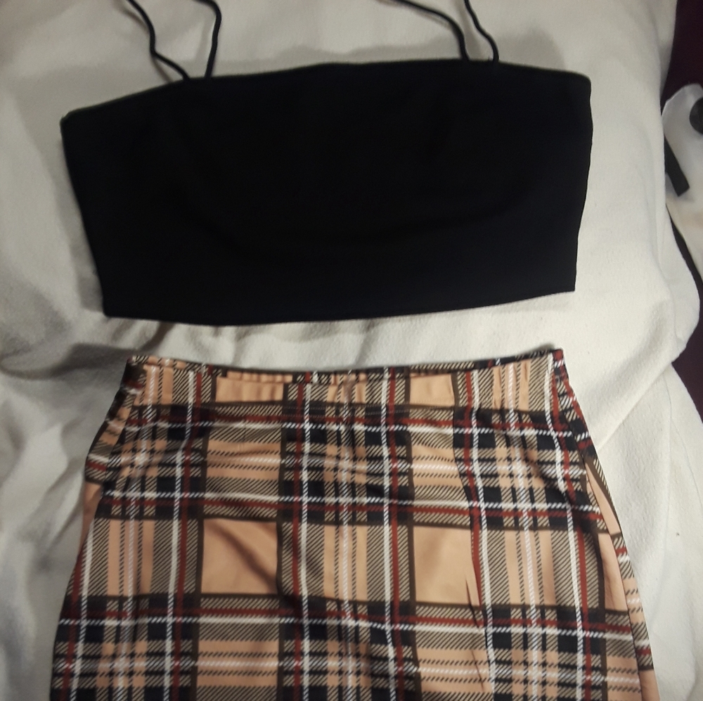 Shein-2 piece, solid black halter crop top with plaid skirt.